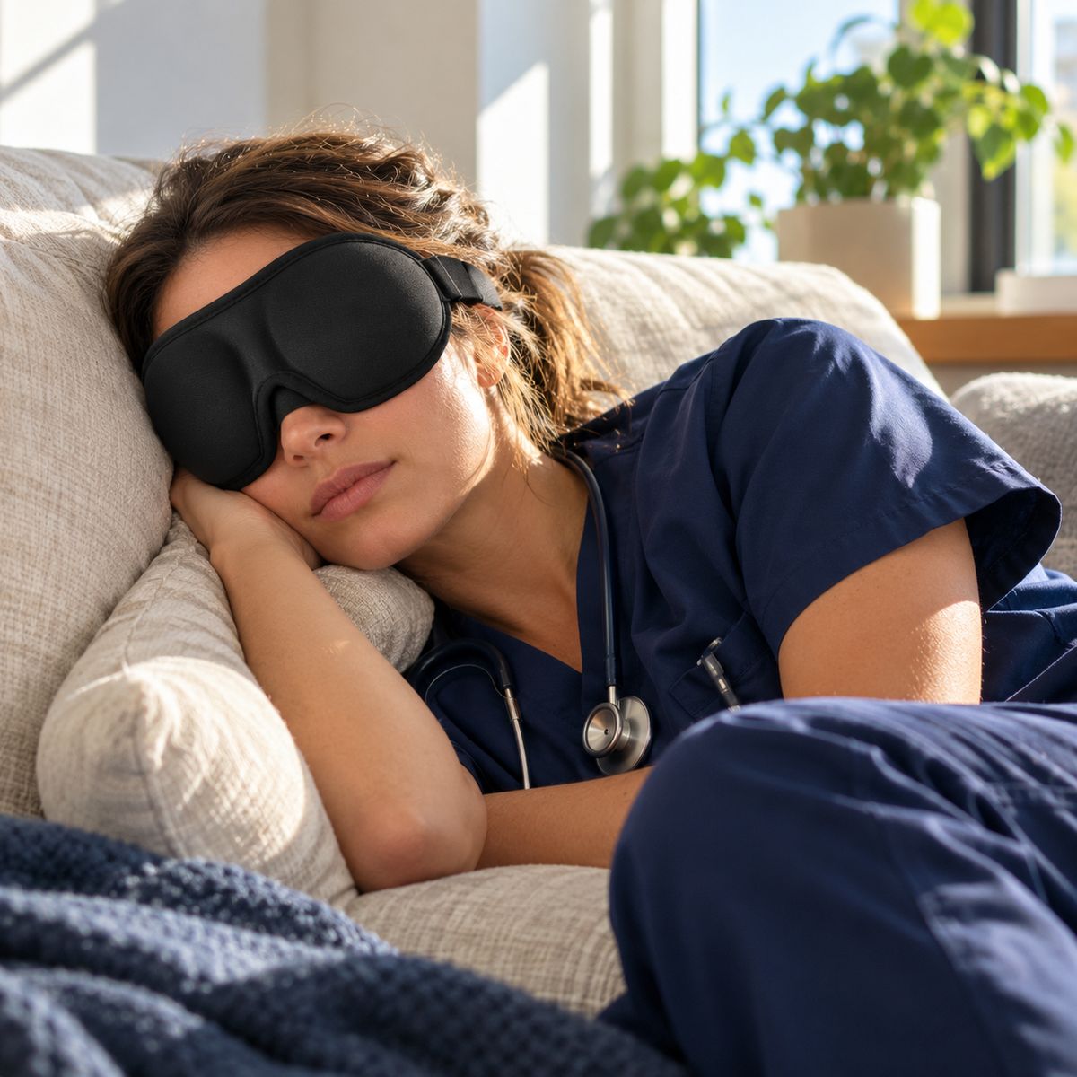 Night-shift nurse sleeping during the day wearing a Dimlune 3D sleep mask