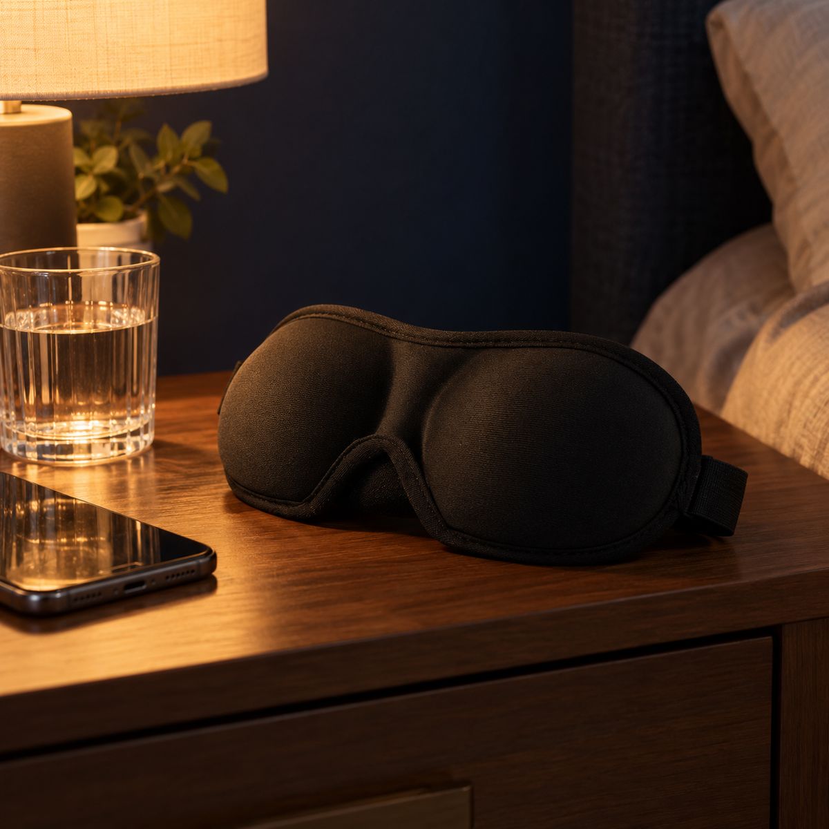 Black Dimlune 3D sleep mask on a wooden nightstand