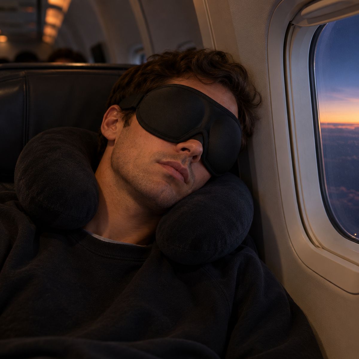 Traveler asleep in a plane seat wearing a Dimlune 3D sleep mask